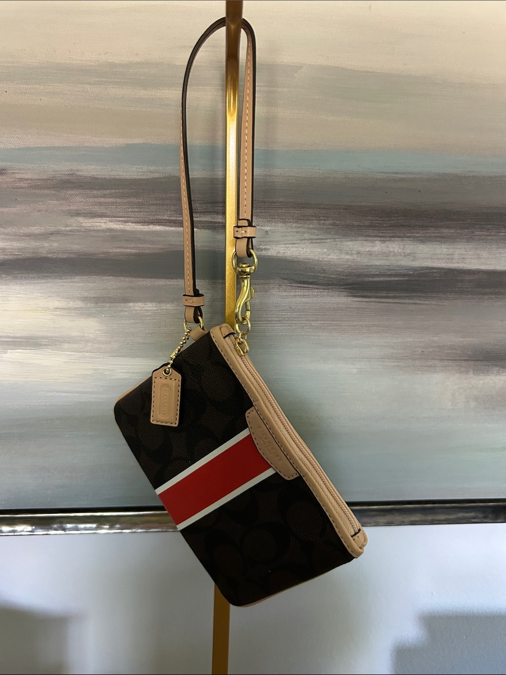 Coach Brown Signature Stripe Wristlet with Orange and White Accent Hang Tag - Picture 2 of 9